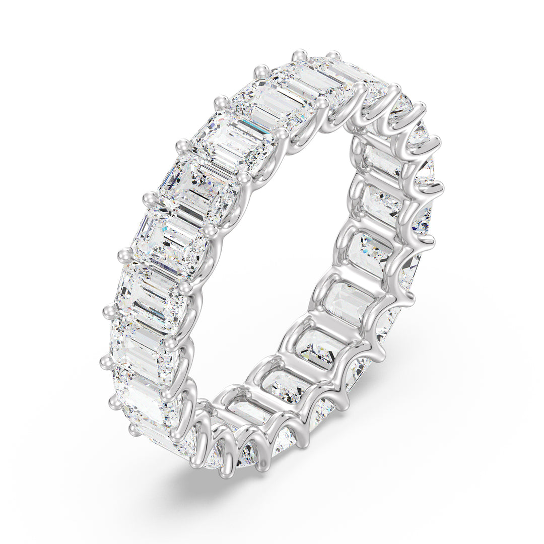 Lab-Grown Emerald-Cut Diamond Scallop Eternity Band in 18K White Gold, adorned with 21 emerald-cut diamonds in a shared prong setting and scalloped side profile