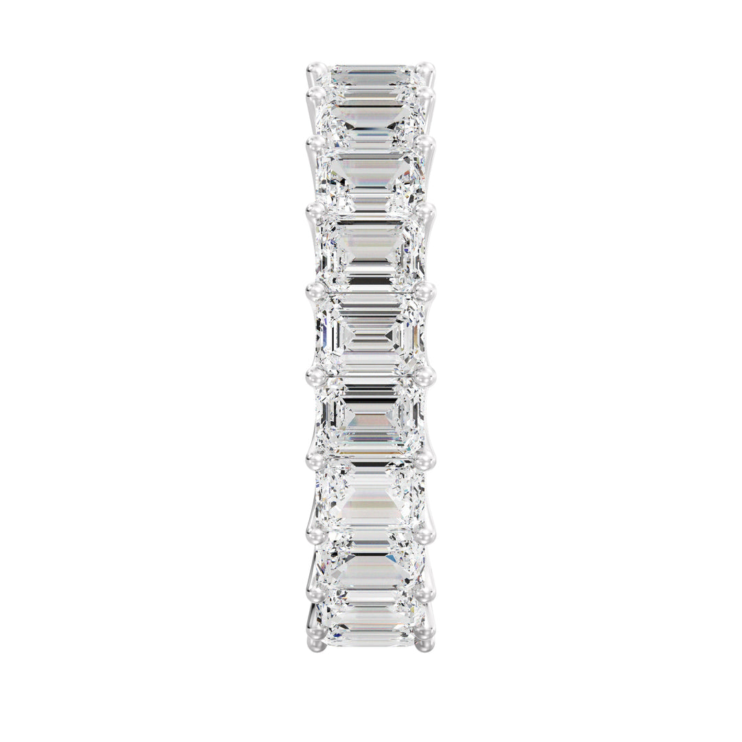 Lab-Grown Emerald-Cut Diamond Scallop Eternity Band in 18K White Gold, adorned with 21 emerald-cut diamonds in a shared prong setting and scalloped side profile