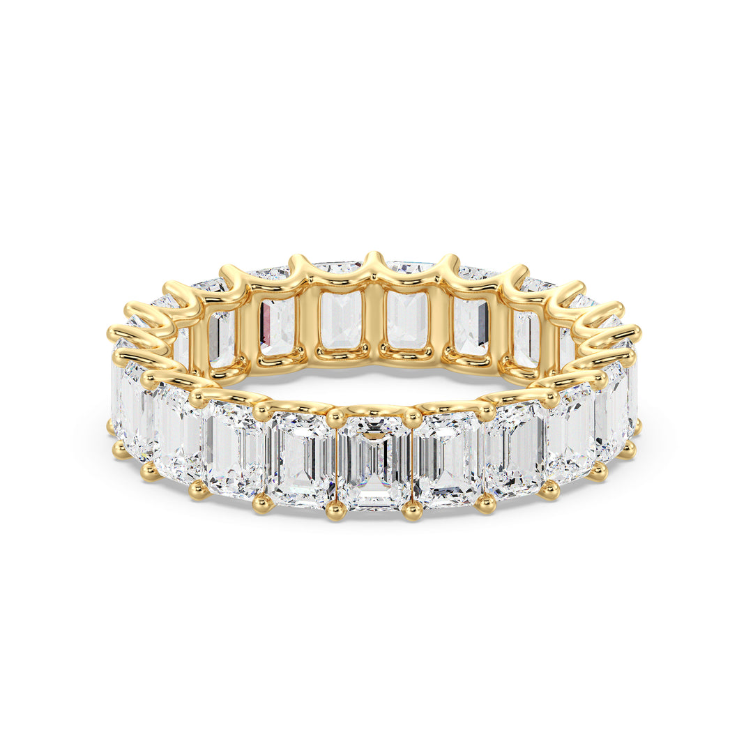 Lab-Grown Emerald-Cut Diamond Scallop Eternity Band in 18K Yellow Gold, featuring 21 emerald-cut diamonds in a shared prong setting with a scalloped profile.
