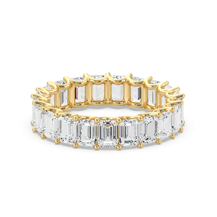 Lab-Grown Emerald-Cut Diamond Scallop Eternity Band in 18K Yellow Gold, featuring 21 emerald-cut diamonds in a shared prong setting with a scalloped profile.