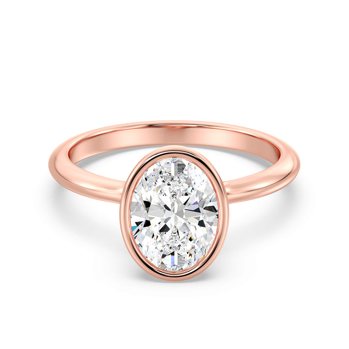 Oval-Cut Lab-Grown Diamond Solitaire Ring in 18K Rose Gold with Bezel Setting, Available in 1ct, 2ct, 3ct, or 4ct.
