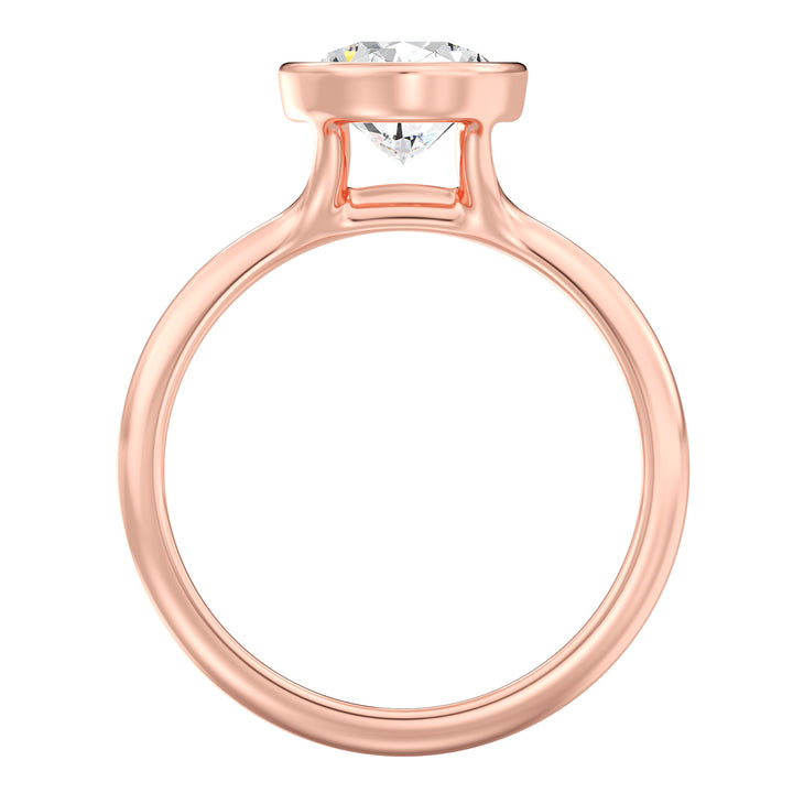 Oval-Cut Lab-Grown Diamond Solitaire Ring in 18K Rose Gold with Bezel Setting, Available in 1ct, 2ct, 3ct, or 4ct.