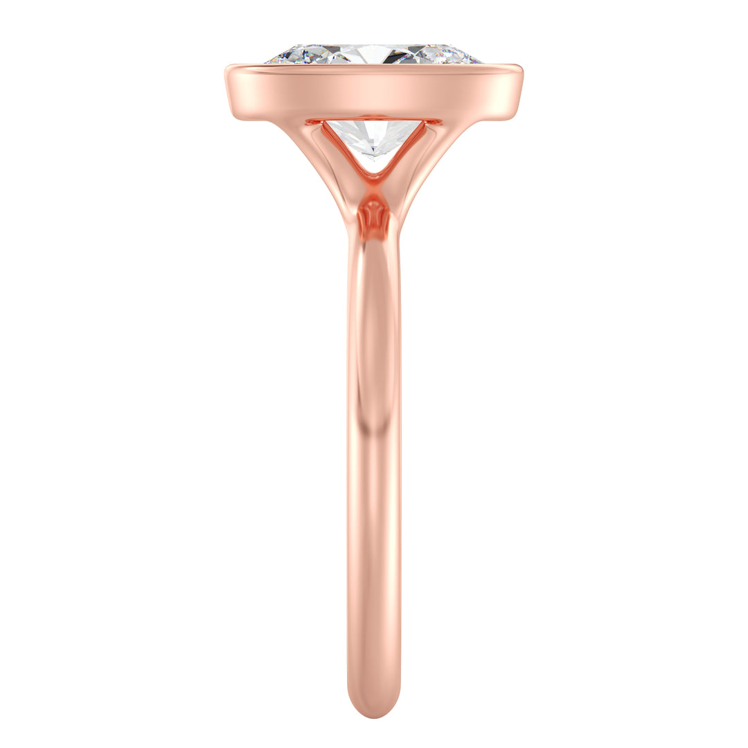 Oval-Cut Lab-Grown Diamond Solitaire Ring in 18K Rose Gold with Bezel Setting, Available in 1ct, 2ct, 3ct, or 4ct.