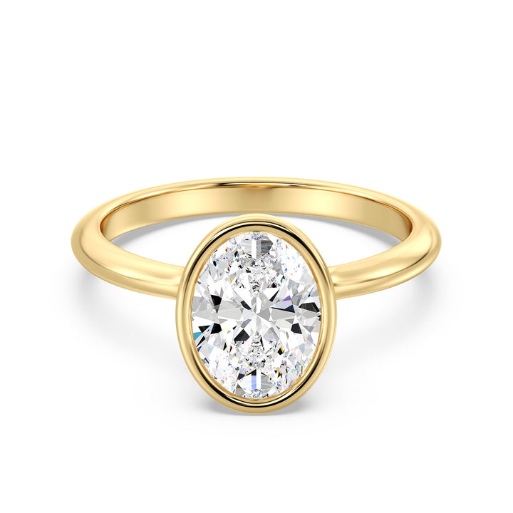 Oval-Cut Lab-Grown Diamond Solitaire Ring in 18K Yellow Gold with Bezel Setting, Available in 1ct, 2ct, 3ct, or 4ct.