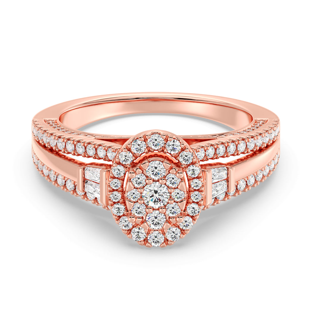 1.29CTTW Oval Halo Split Shank Engagement Ring in 18K Rose Gold, featuring 143 EF-VS lab-grown diamonds in oval, round, and tapered baguette cuts, with a stunning halo and sophisticated split shank design