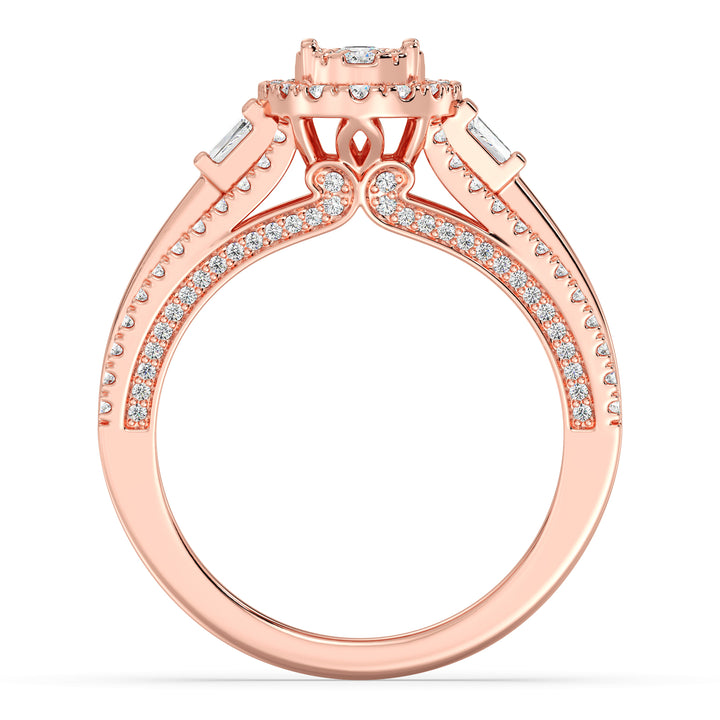 1.29CTTW Oval Halo Split Shank Engagement Ring in 18K Rose Gold, featuring 143 EF-VS lab-grown diamonds in oval, round, and tapered baguette cuts, with a stunning halo and sophisticated split shank design