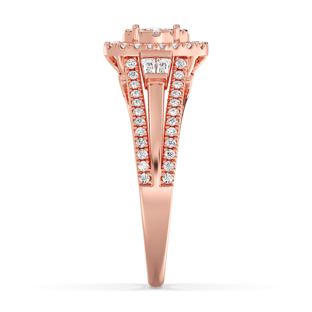 1.29CTTW Oval Halo Split Shank Engagement Ring in 18K Rose Gold, featuring 143 EF-VS lab-grown diamonds in oval, round, and tapered baguette cuts, with a stunning halo and sophisticated split shank design