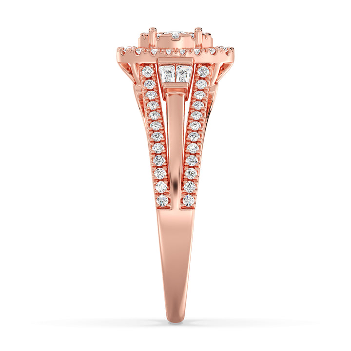 1.29CTTW Oval Halo Split Shank Engagement Ring in 18K Rose Gold, featuring 143 EF-VS lab-grown diamonds in oval, round, and tapered baguette cuts, with a stunning halo and sophisticated split shank design