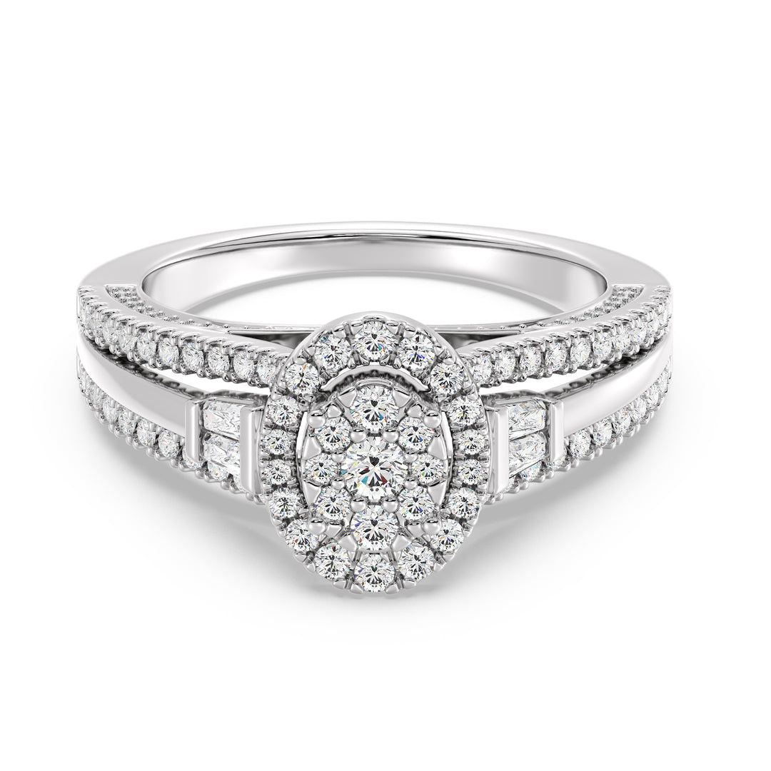 1.29CTTW Oval Halo Split Shank Engagement Ring in 18K White Gold, embellished with 143 EF-VS lab-grown diamonds in oval, round, and tapered baguette cuts, highlighting a luminous halo and refined split shank design.