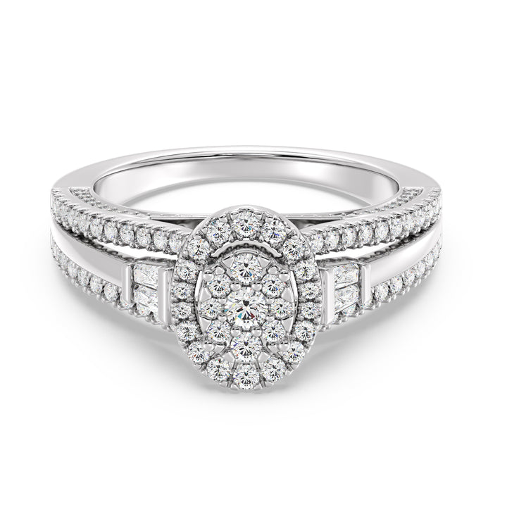 1.29CTTW Oval Halo Split Shank Engagement Ring in 18K White Gold, embellished with 143 EF-VS lab-grown diamonds in oval, round, and tapered baguette cuts, highlighting a luminous halo and refined split shank design.