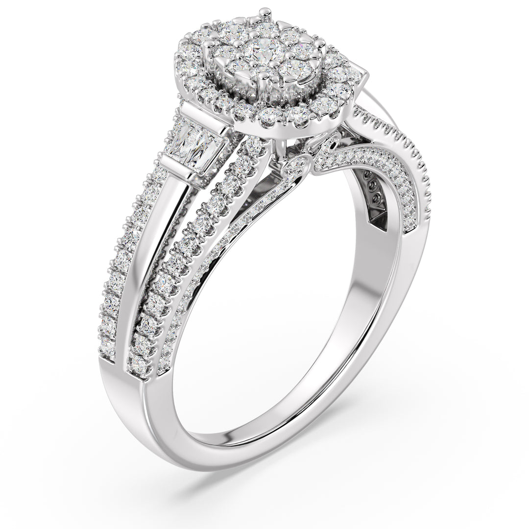 1.29CTTW Oval Halo Split Shank Engagement Ring in 18K White Gold, embellished with 143 EF-VS lab-grown diamonds in oval, round, and tapered baguette cuts, highlighting a luminous halo and refined split shank design.