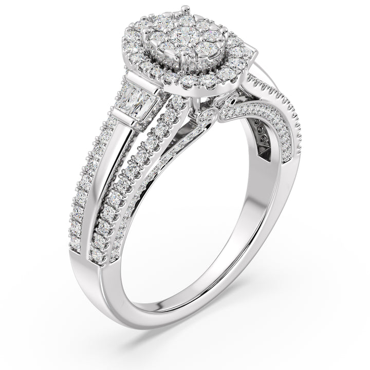 1.29CTTW Oval Halo Split Shank Engagement Ring in 18K White Gold, embellished with 143 EF-VS lab-grown diamonds in oval, round, and tapered baguette cuts, highlighting a luminous halo and refined split shank design.
