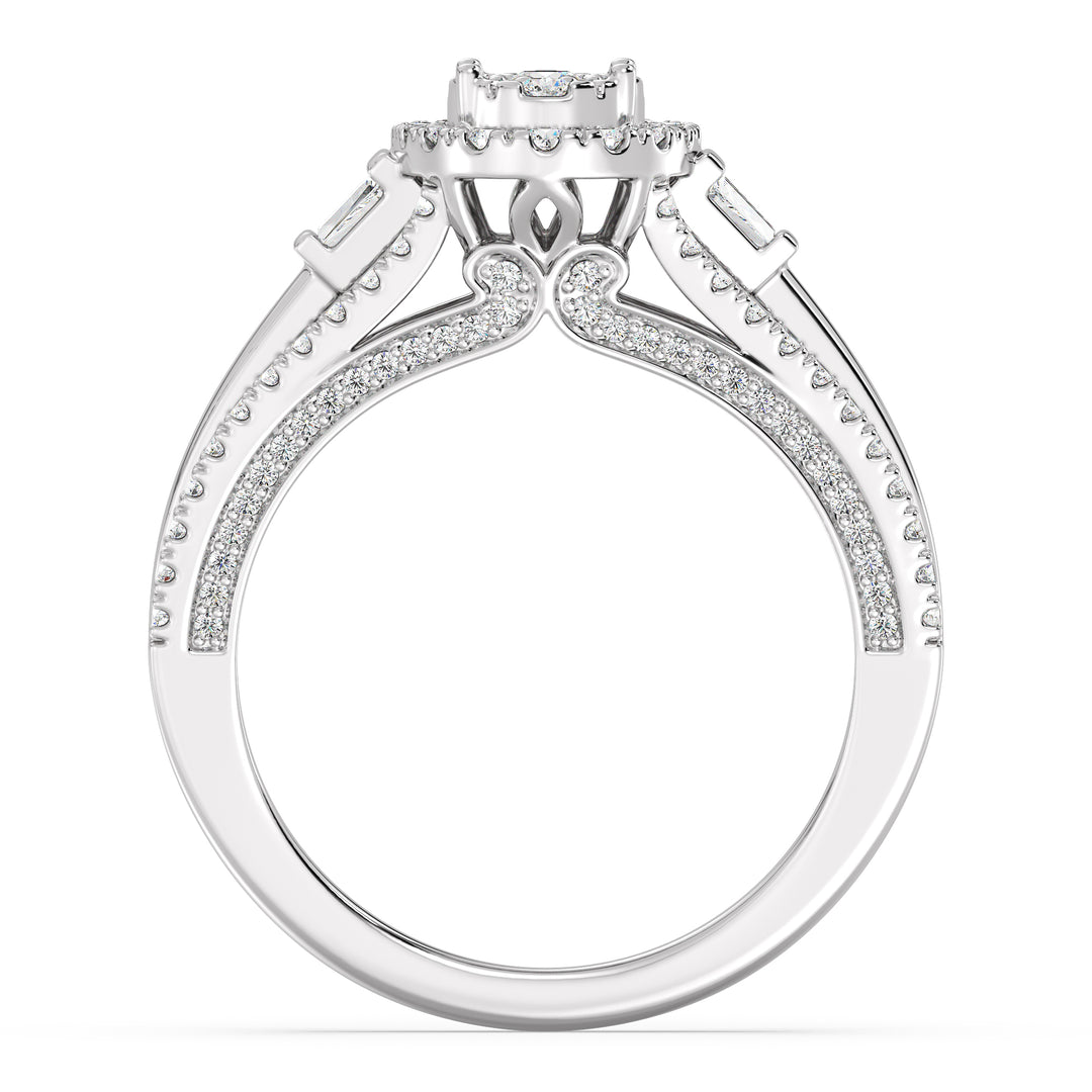 1.29CTTW Oval Halo Split Shank Engagement Ring in 18K White Gold, embellished with 143 EF-VS lab-grown diamonds in oval, round, and tapered baguette cuts, highlighting a luminous halo and refined split shank design.