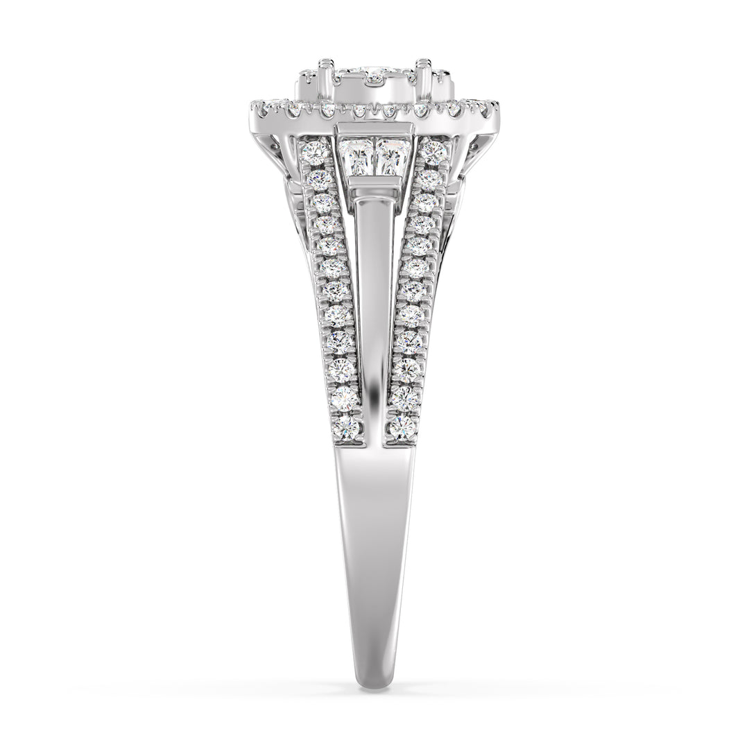 1.29CTTW Oval Halo Split Shank Engagement Ring in 18K White Gold, embellished with 143 EF-VS lab-grown diamonds in oval, round, and tapered baguette cuts, highlighting a luminous halo and refined split shank design.