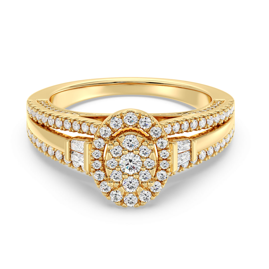 1.29CTTW Oval Halo Split Shank Engagement Ring in 18K Yellow Gold, adorned with 143 EF-VS lab-grown diamonds in oval, round, and tapered baguette cuts, showcasing a radiant halo and elegant split shank design