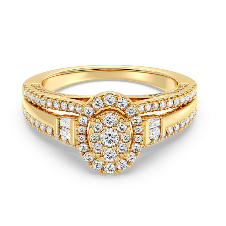1.29CTTW Oval Halo Split Shank Engagement Ring in 18K Yellow Gold, adorned with 143 EF-VS lab-grown diamonds in oval, round, and tapered baguette cuts, showcasing a radiant halo and elegant split shank design