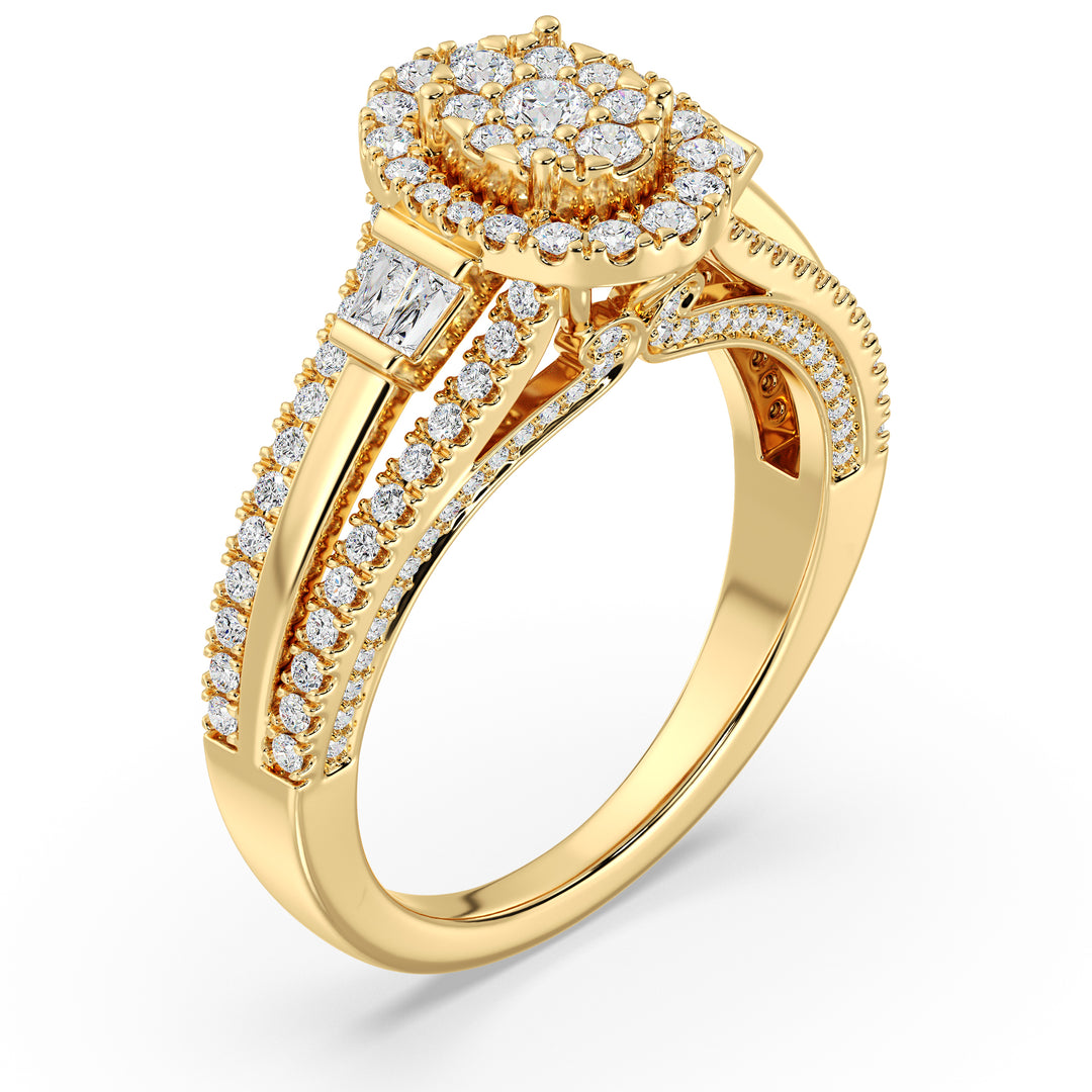 1.29CTTW Oval Halo Split Shank Engagement Ring in 18K Yellow Gold, adorned with 143 EF-VS lab-grown diamonds in oval, round, and tapered baguette cuts, showcasing a radiant halo and elegant split shank design
