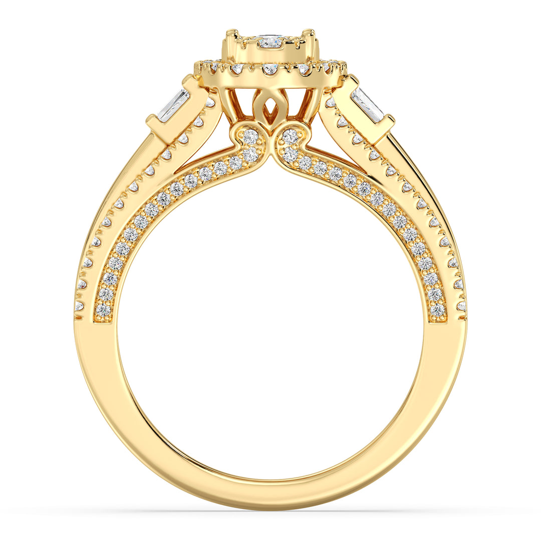1.29CTTW Oval Halo Split Shank Engagement Ring in 18K Yellow Gold, adorned with 143 EF-VS lab-grown diamonds in oval, round, and tapered baguette cuts, showcasing a radiant halo and elegant split shank design