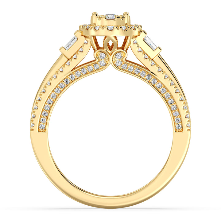 1.29CTTW Oval Halo Split Shank Engagement Ring in 18K Yellow Gold, adorned with 143 EF-VS lab-grown diamonds in oval, round, and tapered baguette cuts, showcasing a radiant halo and elegant split shank design