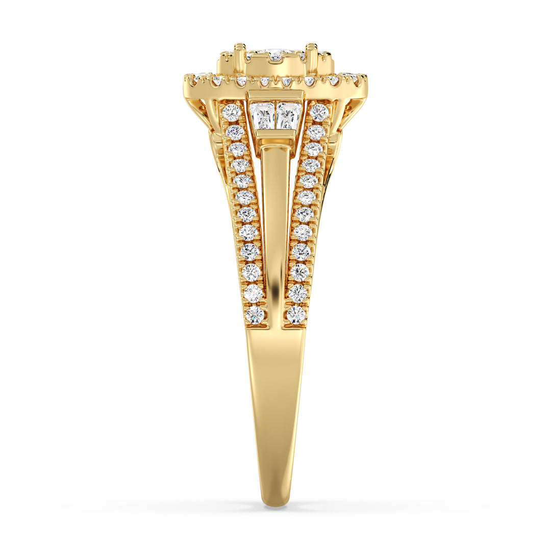 1.29CTTW Oval Halo Split Shank Engagement Ring in 18K Yellow Gold, adorned with 143 EF-VS lab-grown diamonds in oval, round, and tapered baguette cuts, showcasing a radiant halo and elegant split shank design