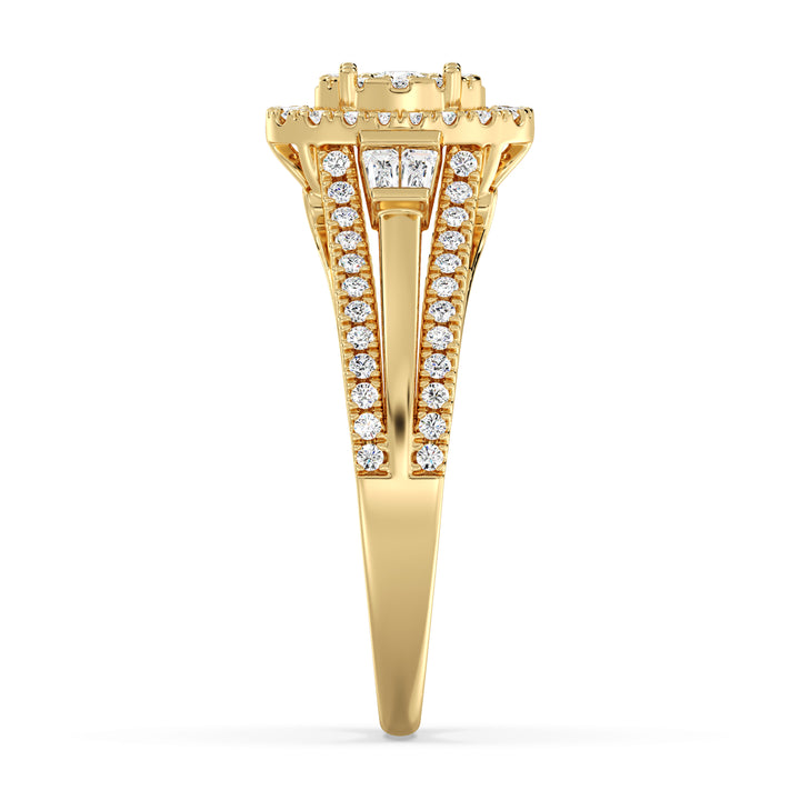 1.29CTTW Oval Halo Split Shank Engagement Ring in 18K Yellow Gold, adorned with 143 EF-VS lab-grown diamonds in oval, round, and tapered baguette cuts, showcasing a radiant halo and elegant split shank design