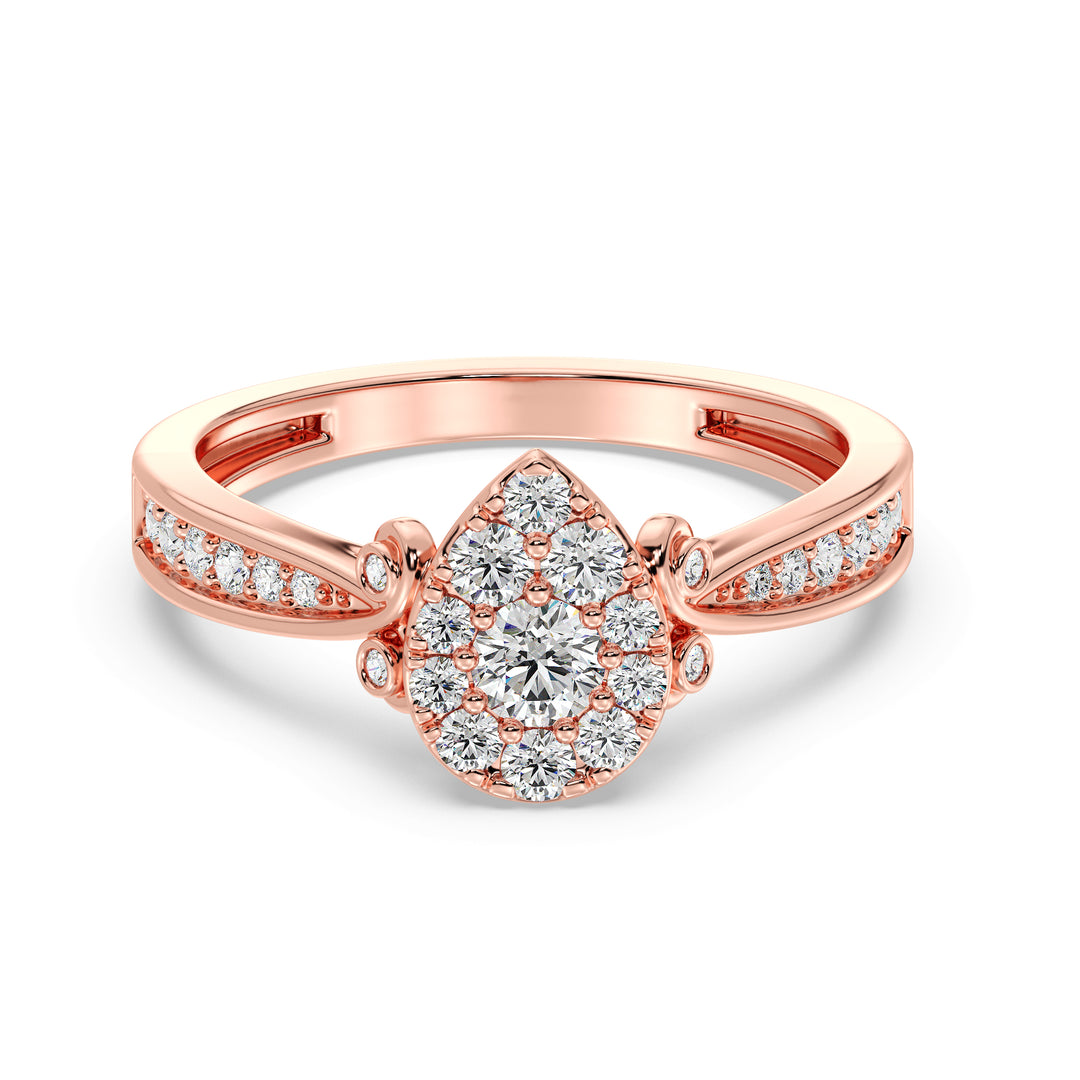 18K rose gold pear-shaped cluster halo engagement ring adorned with 0.70 CTTW round EF-VS lab-grown diamonds, highlighting a romantic and sophisticated design