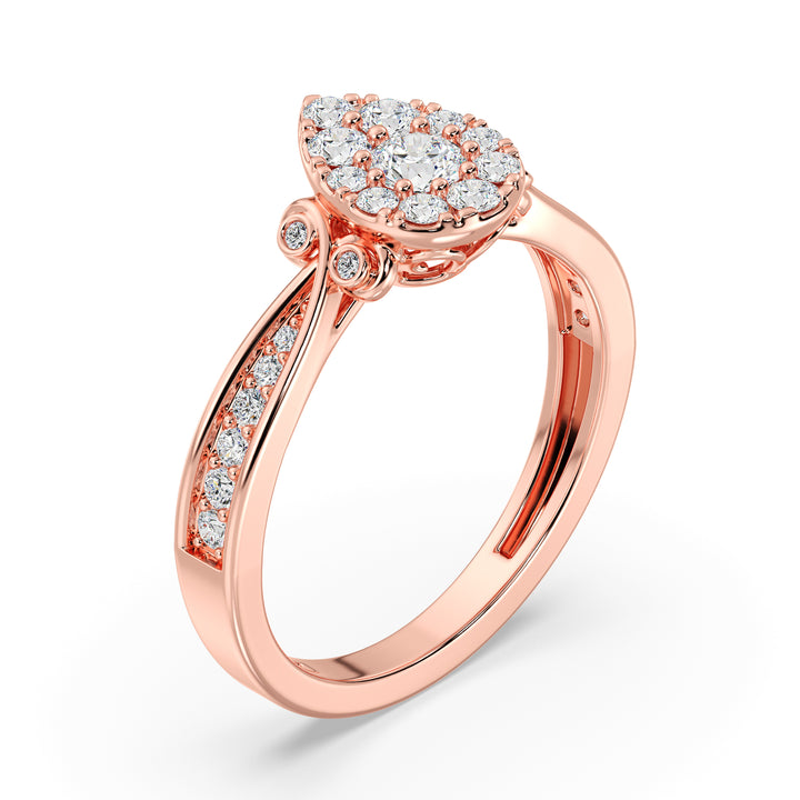 18K rose gold pear-shaped cluster halo engagement ring adorned with 0.70 CTTW round EF-VS lab-grown diamonds, highlighting a romantic and sophisticated design