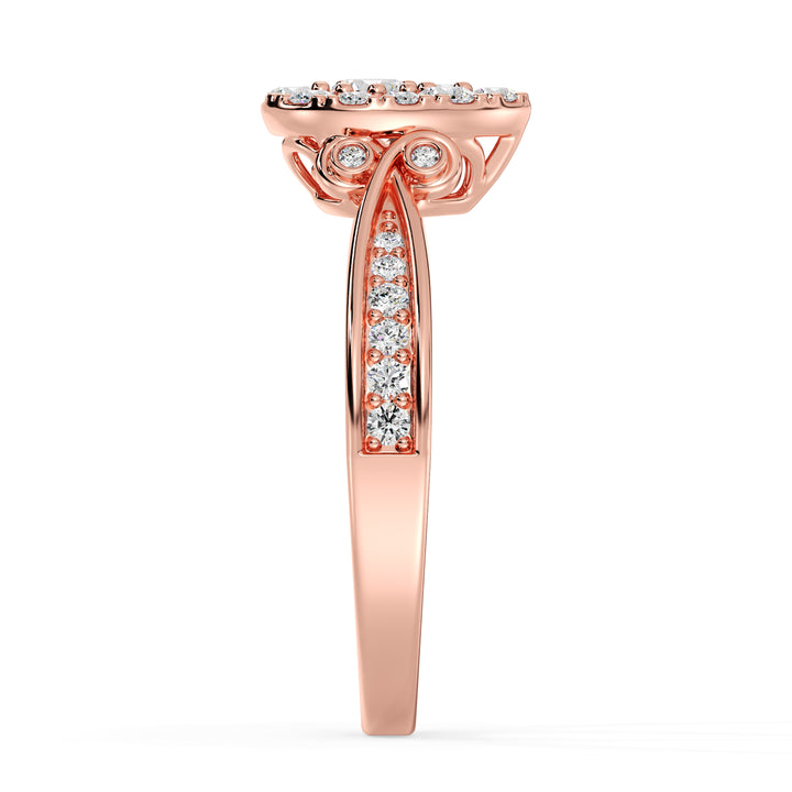 18K rose gold pear-shaped cluster halo engagement ring adorned with 0.70 CTTW round EF-VS lab-grown diamonds, highlighting a romantic and sophisticated design