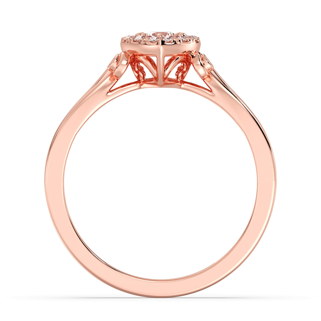18K rose gold pear-shaped cluster halo engagement ring adorned with 0.70 CTTW round EF-VS lab-grown diamonds, highlighting a romantic and sophisticated design