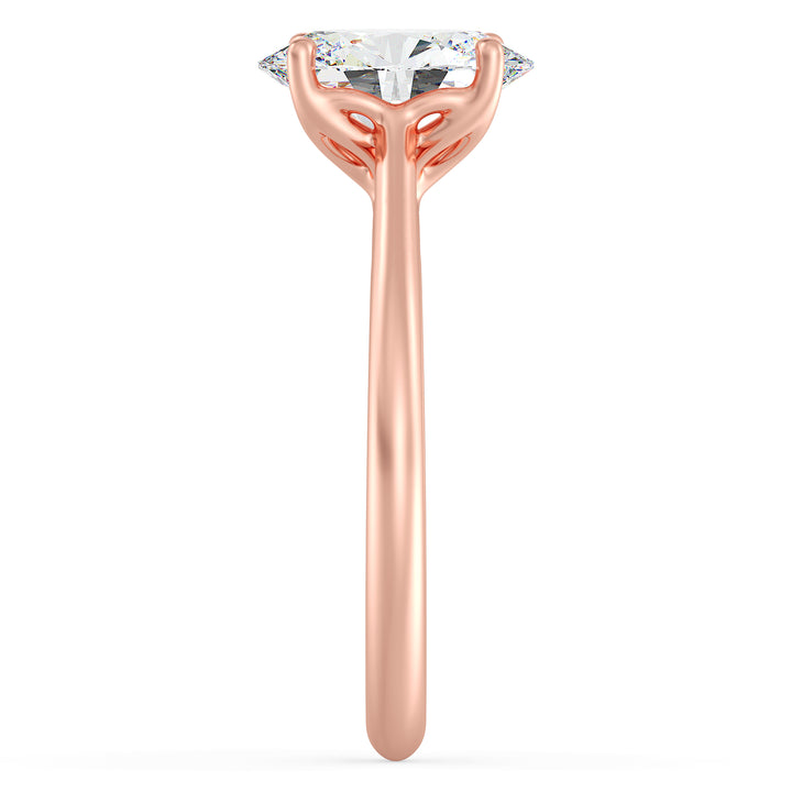 Elegant Oval-Cut Lab-Grown Diamond Solitaire Engagement Ring in 18K Rose Gold with Classic 4-Claw Setting, featuring a romantic blush-tone metal and a sparkling oval diamond.