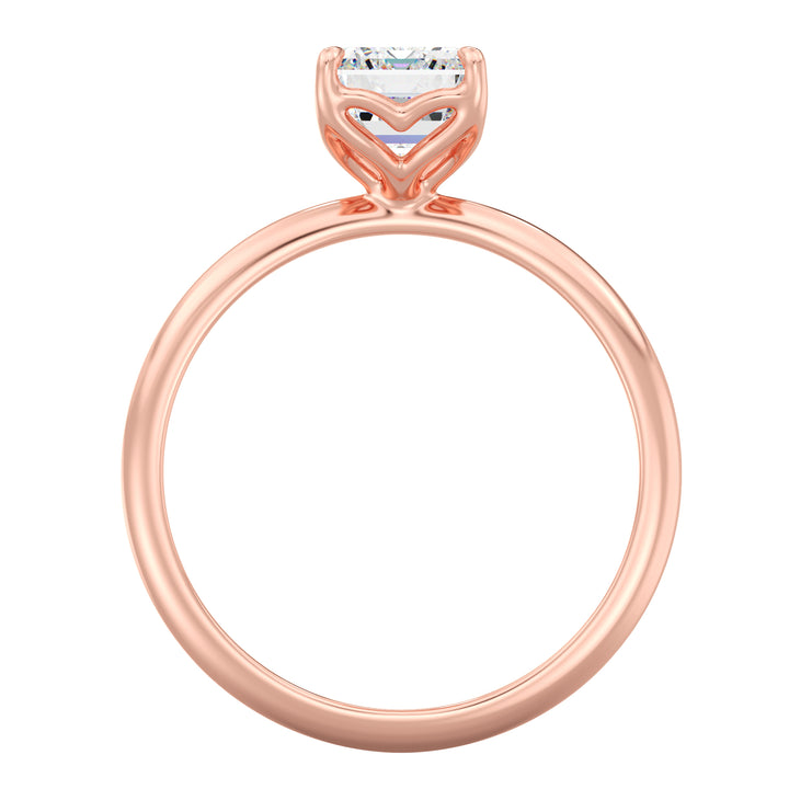 Classic emerald-cut solitaire engagement ring with a 4-claw lab-grown diamond in 18K rose gold, offering a romantic and modern touch