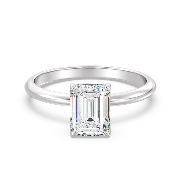 Classic emerald-cut solitaire engagement ring with a 4-claw lab-grown diamond in 18K white gold, exuding sophistication and brilliance