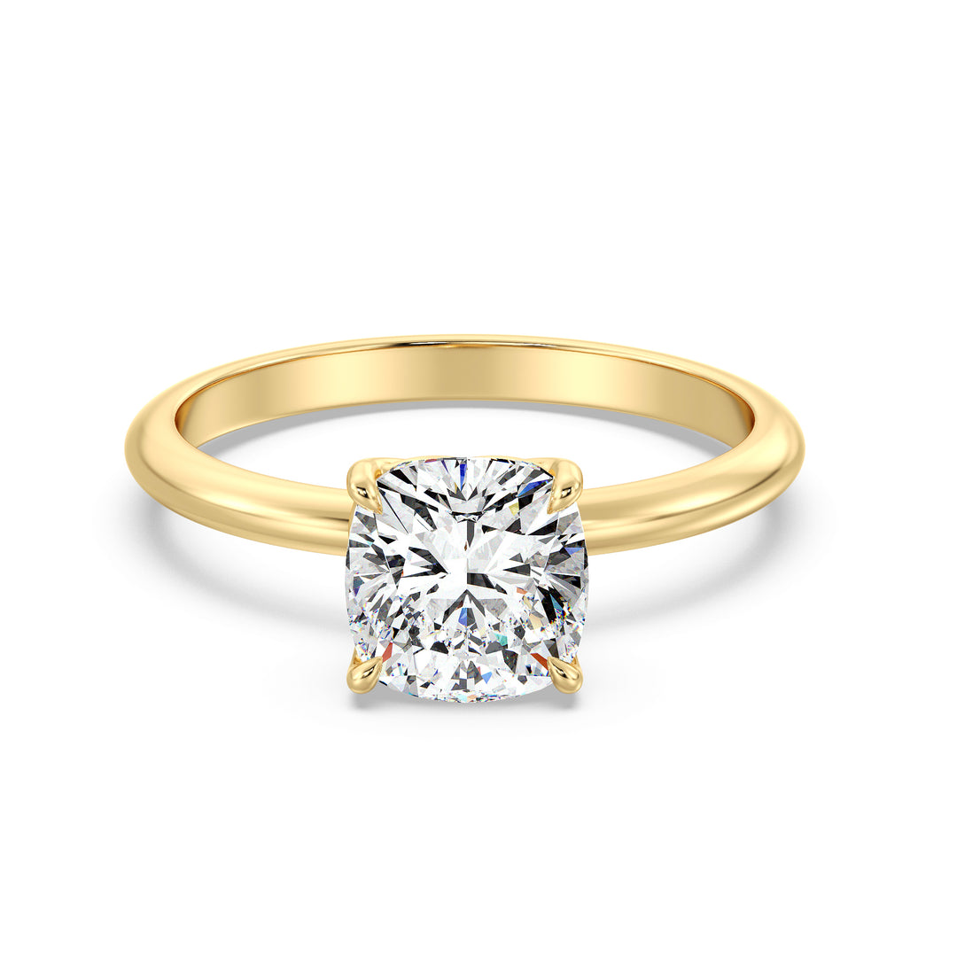 Timeless 4-Claw Cushion-Cut Lab-Grown Diamond Solitaire Engagement Ring in 18K Yellow Gold with a dazzling cushion-cut diamond, classic and elegant design