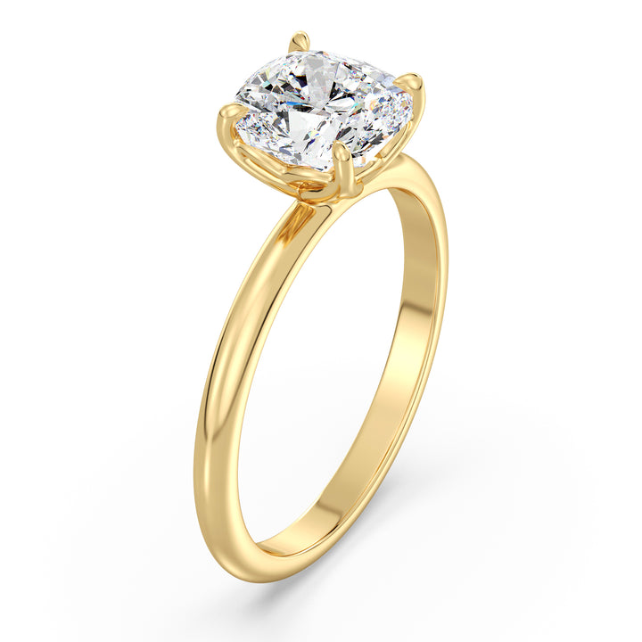 Timeless 4-Claw Cushion-Cut Lab-Grown Diamond Solitaire Engagement Ring in 18K Yellow Gold with a dazzling cushion-cut diamond, classic and elegant design