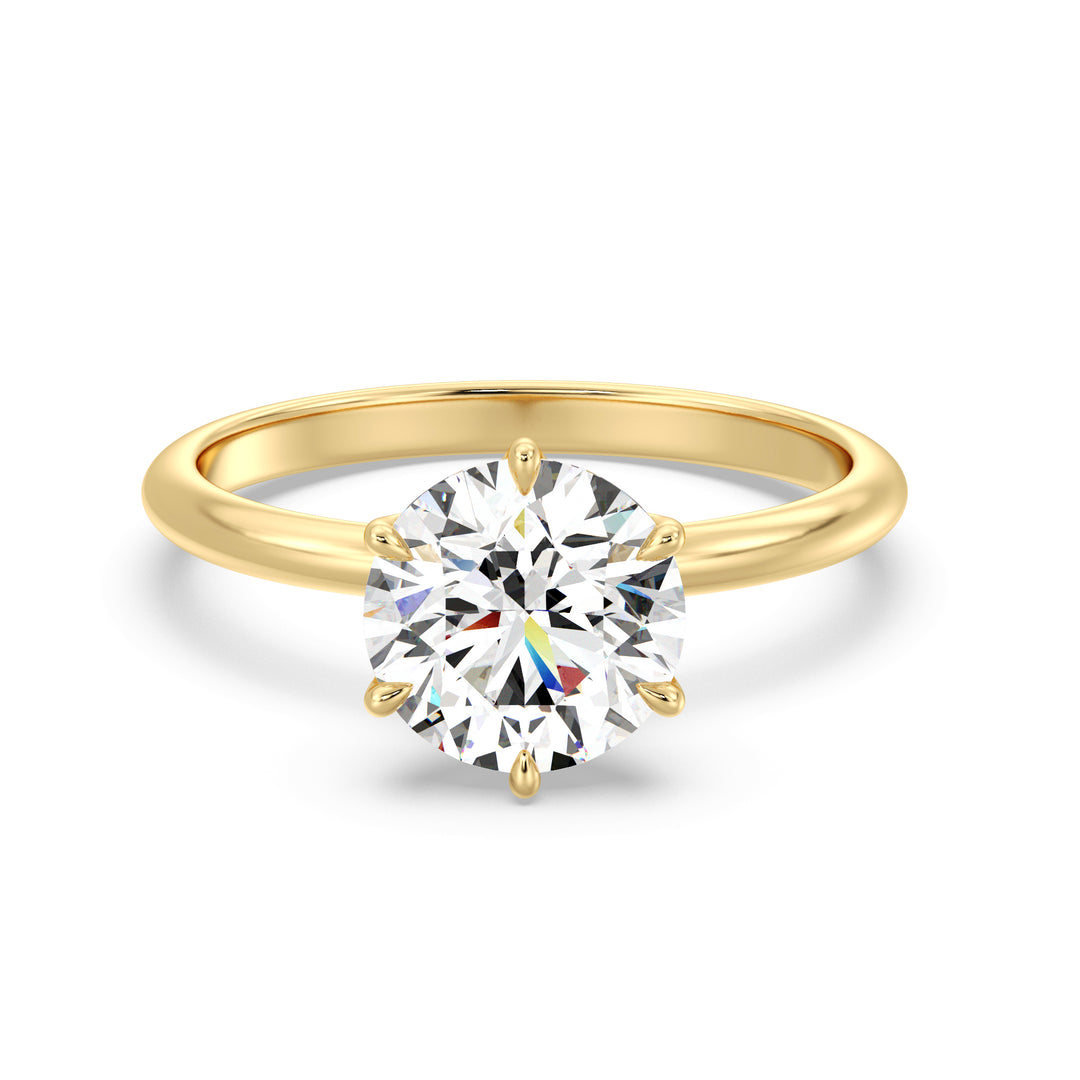 Timeless 6-Prong Round Lab-Grown Diamond Solitaire Engagement Ring in 18K Yellow Gold featuring a brilliant EF color VS clarity diamond with an open basket design.