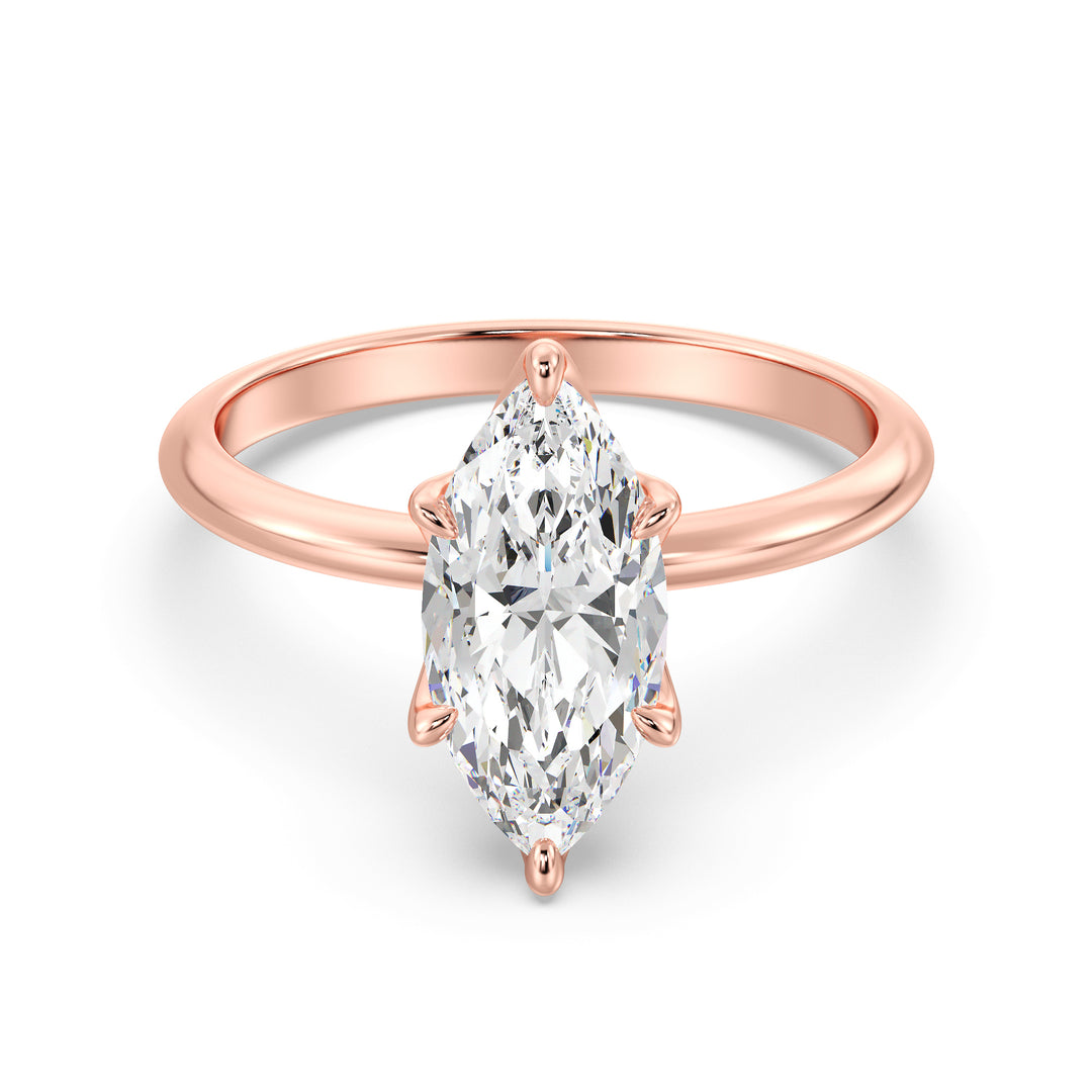 Classic 6-Claw Marquise-Cut Lab-Grown Diamond Solitaire Ring in 18K Rose Gold – Timeless beauty featuring a marquise-cut lab-grown diamond, offered in various carat weights