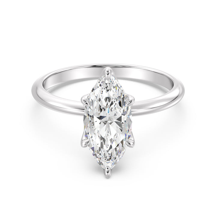 Classic 6-Claw Marquise-Cut Lab-Grown Diamond Solitaire Ring in 18K White Gold – Stunning solitaire design with a marquise-cut diamond, available in 1ct, 2ct, 3ct, and 4ct sizes.