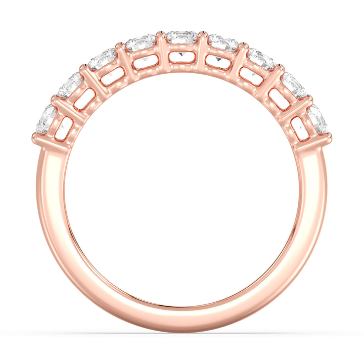 Exquisite nine-stone round lab-grown diamond wedding ring in 18K rose gold, adorned with brilliant EF/VS diamonds for a romantic touch.