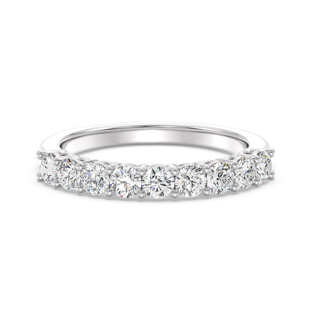 Classic nine-stone round lab-grown diamond wedding ring in 18K white gold, showcasing sparkling EF/VS diamonds with a sophisticated finish