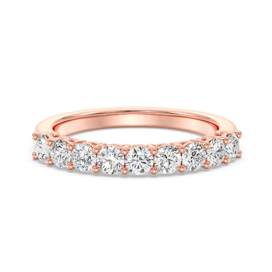 Exquisite nine-stone round lab-grown diamond wedding ring in 18K rose gold, adorned with brilliant EF/VS diamonds for a romantic touch.