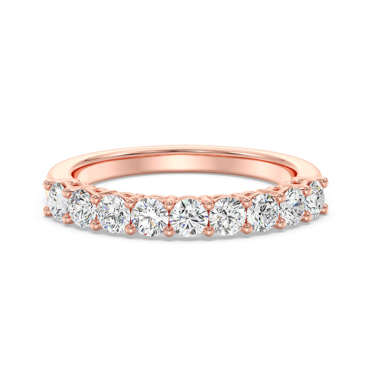 Exquisite nine-stone round lab-grown diamond wedding ring in 18K rose gold, adorned with brilliant EF/VS diamonds for a romantic touch.