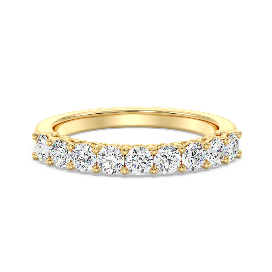 Elegant nine-stone round lab-grown diamond wedding ring in 18K yellow gold, featuring dazzling EF/VS diamonds with a timeless design.