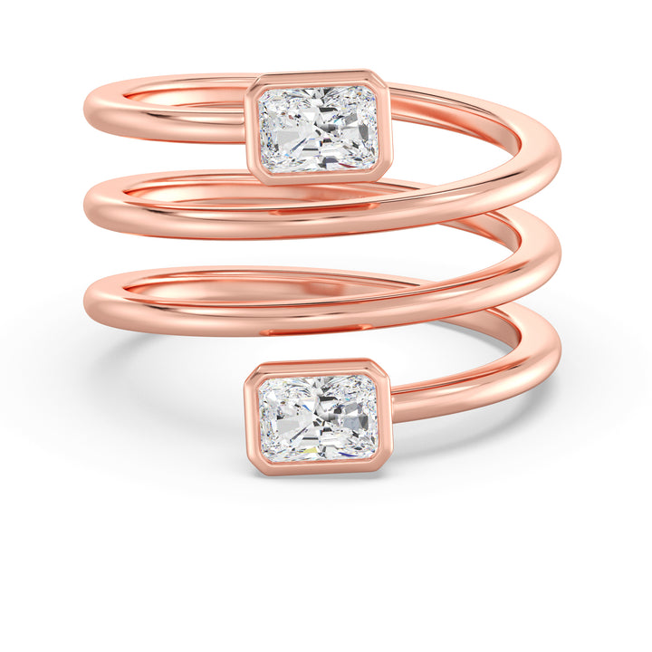 Radiant-Cut Dual Stone Lab-Grown Diamond Spiral Statement Ring in 18K Rose Gold with Bezel Setting, showcasing 1.0 ct EF/VS IGI Certified diamonds