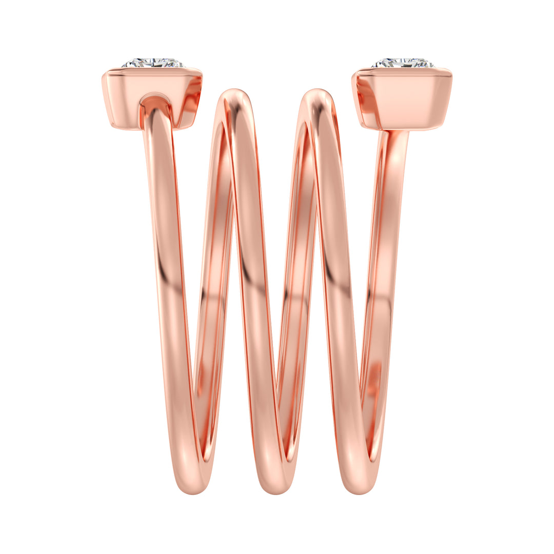 Radiant-Cut Dual Stone Lab-Grown Diamond Spiral Statement Ring in 18K Rose Gold with Bezel Setting, showcasing 1.0 ct EF/VS IGI Certified diamonds