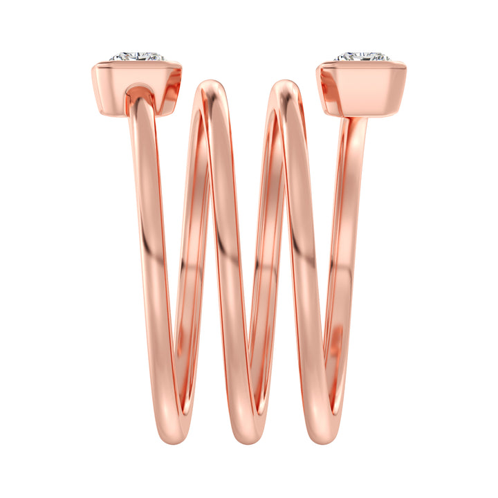 Radiant-Cut Dual Stone Lab-Grown Diamond Spiral Statement Ring in 18K Rose Gold with Bezel Setting, showcasing 1.0 ct EF/VS IGI Certified diamonds