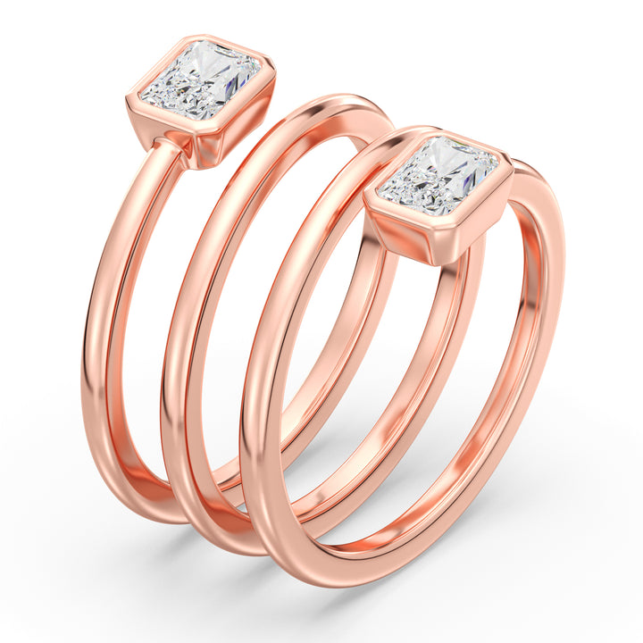 Radiant-Cut Dual Stone Lab-Grown Diamond Spiral Statement Ring in 18K Rose Gold with Bezel Setting, showcasing 1.0 ct EF/VS IGI Certified diamonds