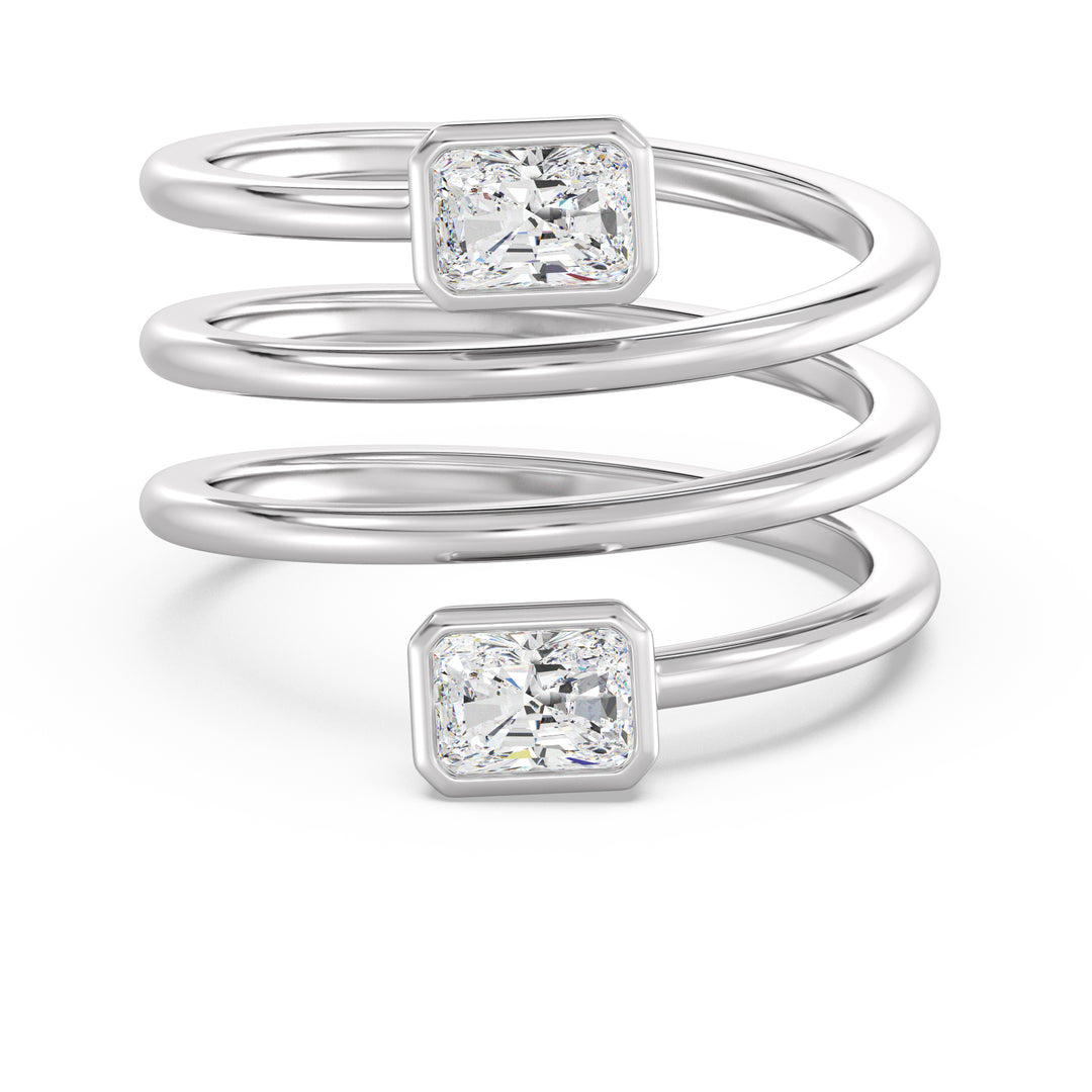Radiant-Cut Dual Stone Lab-Grown Diamond Spiral Statement Ring in 18K White Gold with Bezel Setting, adorned with 1.0 ct EF/VS IGI Certified diamonds.