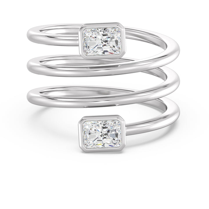 Radiant-Cut Dual Stone Lab-Grown Diamond Spiral Statement Ring in 18K White Gold with Bezel Setting, adorned with 1.0 ct EF/VS IGI Certified diamonds.
