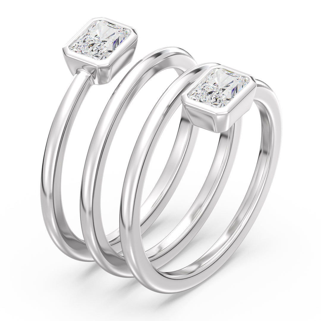 Radiant-Cut Dual Stone Lab-Grown Diamond Spiral Statement Ring in 18K White Gold with Bezel Setting, adorned with 1.0 ct EF/VS IGI Certified diamonds.