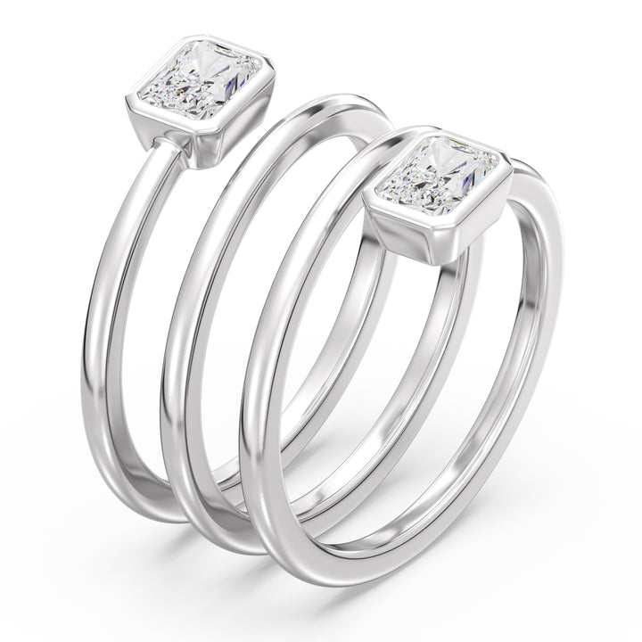 Radiant-Cut Dual Stone Lab-Grown Diamond Spiral Statement Ring in 18K White Gold with Bezel Setting, adorned with 1.0 ct EF/VS IGI Certified diamonds.